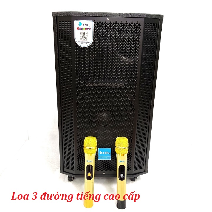 Loa kéo Bluetooth chính hãng Azpro,Az 1508 -Bass 40-3 đường tiếng thùng gỗ cao cấp,Kèm 2 mic UHF vỏ 