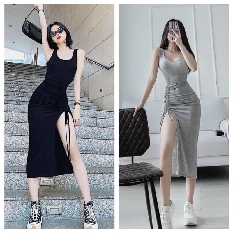Đầm body 3 lỗ dây rút pinkstore29, dáng dài ôm xẻ tà khoe chân d088