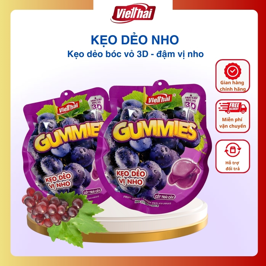Kẹo dẻo trái cây Gummies 3D Việt Thái vị nho hương vị hoa quả ngọt thanh, kẹo dẻo nho bóc vỏ cho các buổi tiệc gói 150g