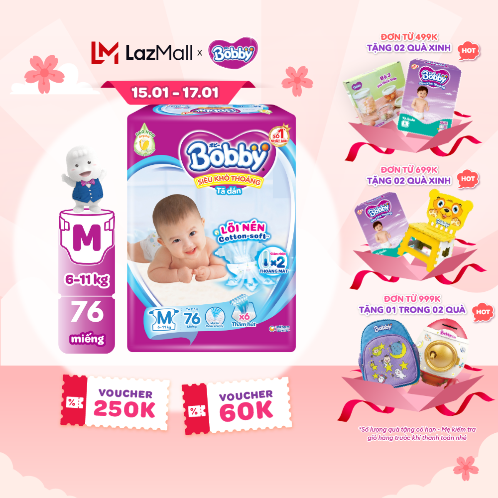 [CHỈ 20H 15-17.01 QUÀ TẶNG ĐH 499K] Tã dán Bobby Lõi nén thần kì 3mm Ultra Jumbo Gạo non Giảm nhiệt M76 - 76 miếng