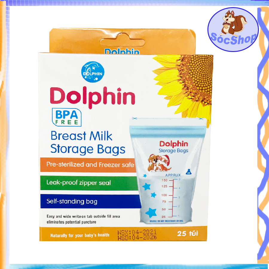 Hộp 25 túi trữ sữa mẹ Dolphin 150ml với 2 lớp khoá chắc chắn, không BPA