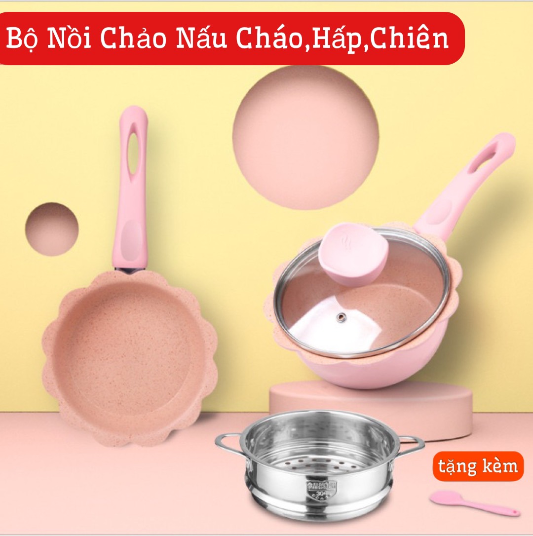 [TẶNG MUỖNG]Bộ Nồi Chảo Nấu Cháo,Hấp,Chiên ,Xào Men Đá Chống Dính Nấu Ăn Cho Bé Ăn Dặm -Kèm Chảo Và Xửng Hấp INOX Cho Bé