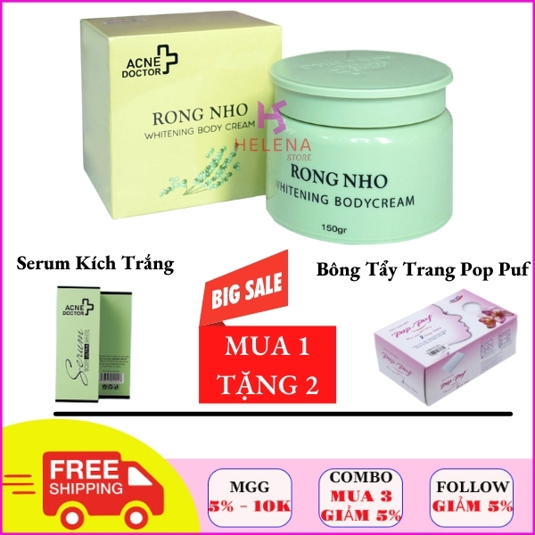 Kem Body Trắng Da Rong Nho Chính Hãng, Kem Body, Kem Dưỡng Trắng Da Toàn Thân (150g) Tặng Serum Kích Trắng Và 01 Hộp Bông Tẩy Trang Pop Puf (100 miếng)
