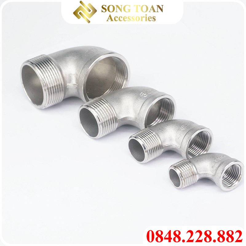 [CO REN INOX] Co điếu 2 đầu đều ren 21 27 34 nối ren trong ren ngoài cong & cút ren 90 độ - Bằng inox sần