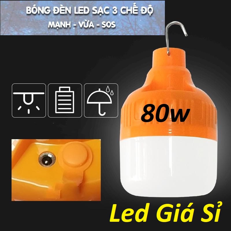 Bóng đèn LED sạc tích điện 80w- bảo hành 06 tháng. Có móc treo tiện lợi có thể treo dễ dàng bất cứ đâu. Có công tắc bật tắt tiện lợi