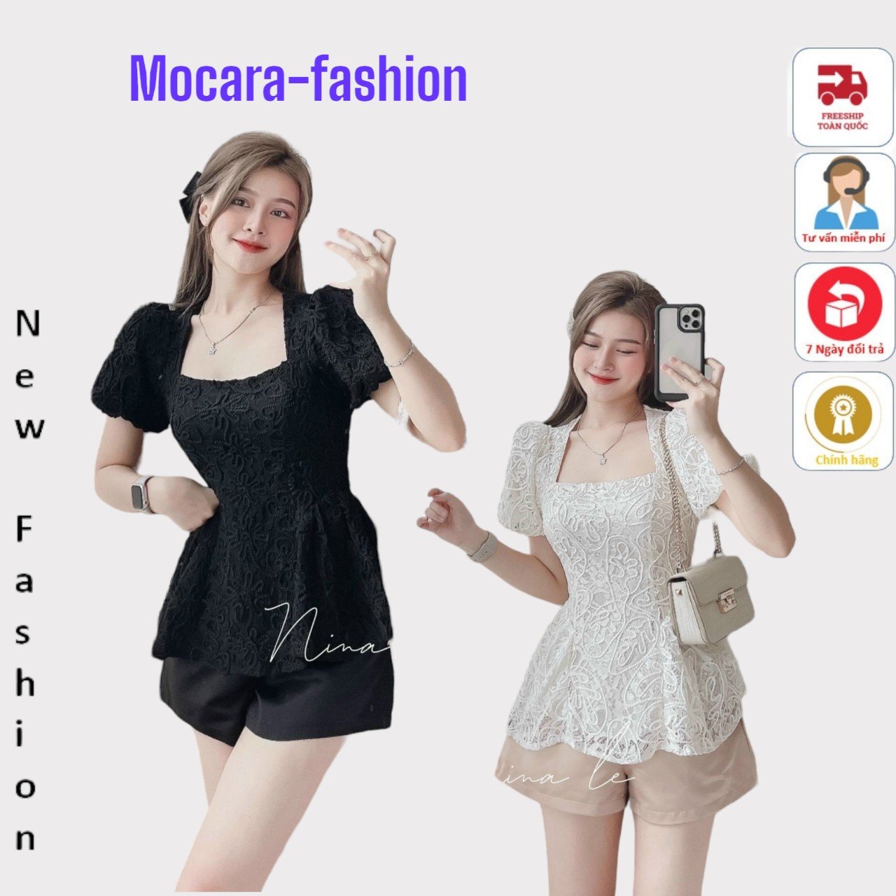 Set áo ren cổ vuông tay phồng phối quần short tapta dễ thương MCset554