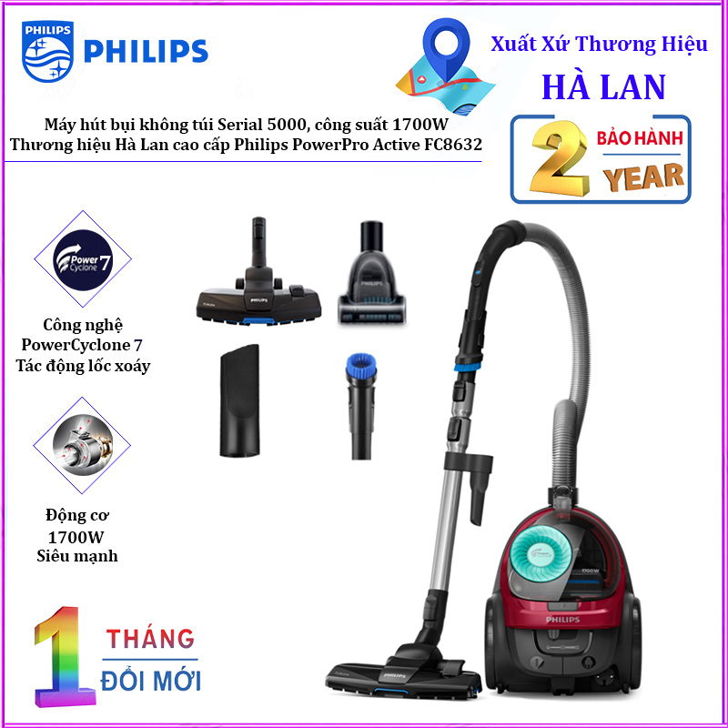 Hàng chính hãng - máy hút bụi không túi philips powerpro active fc8632, serial 5000, công suất 1700w