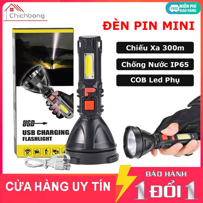 Đèn pin cầm tay mini siêu sáng chiếu xa 300m, chống thấm nước IPX6, pin trâu kèm cap sạc micro USB, đèn pin mini cầm tay, đèn pin led sạc 4 chế độ