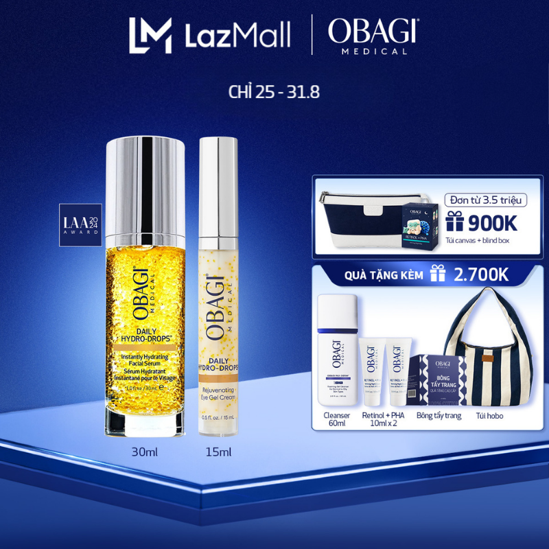 Bộ đôi Serum Cấp Nước Dưỡng Ẩm  Phục Hồi Da Obagi Daily Hydro-Drops 30ml và Kem dưỡng mờ nếp nhăn vùng mắt Obagi Medical Daily Hydro-Drops Rejuvenating Eye Gel Cream 15ml