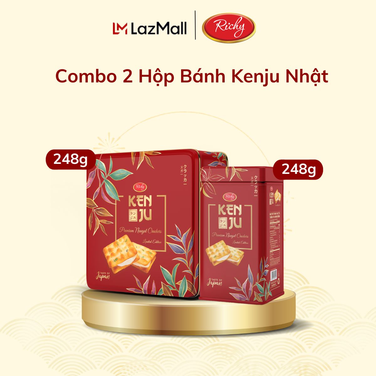 Combo Tết Richy, 2 Hộp Bánh Kenju Kem Dẻo Nhật 248g, Bánh Hộp Thiếc - Bánh Kẹo Richy