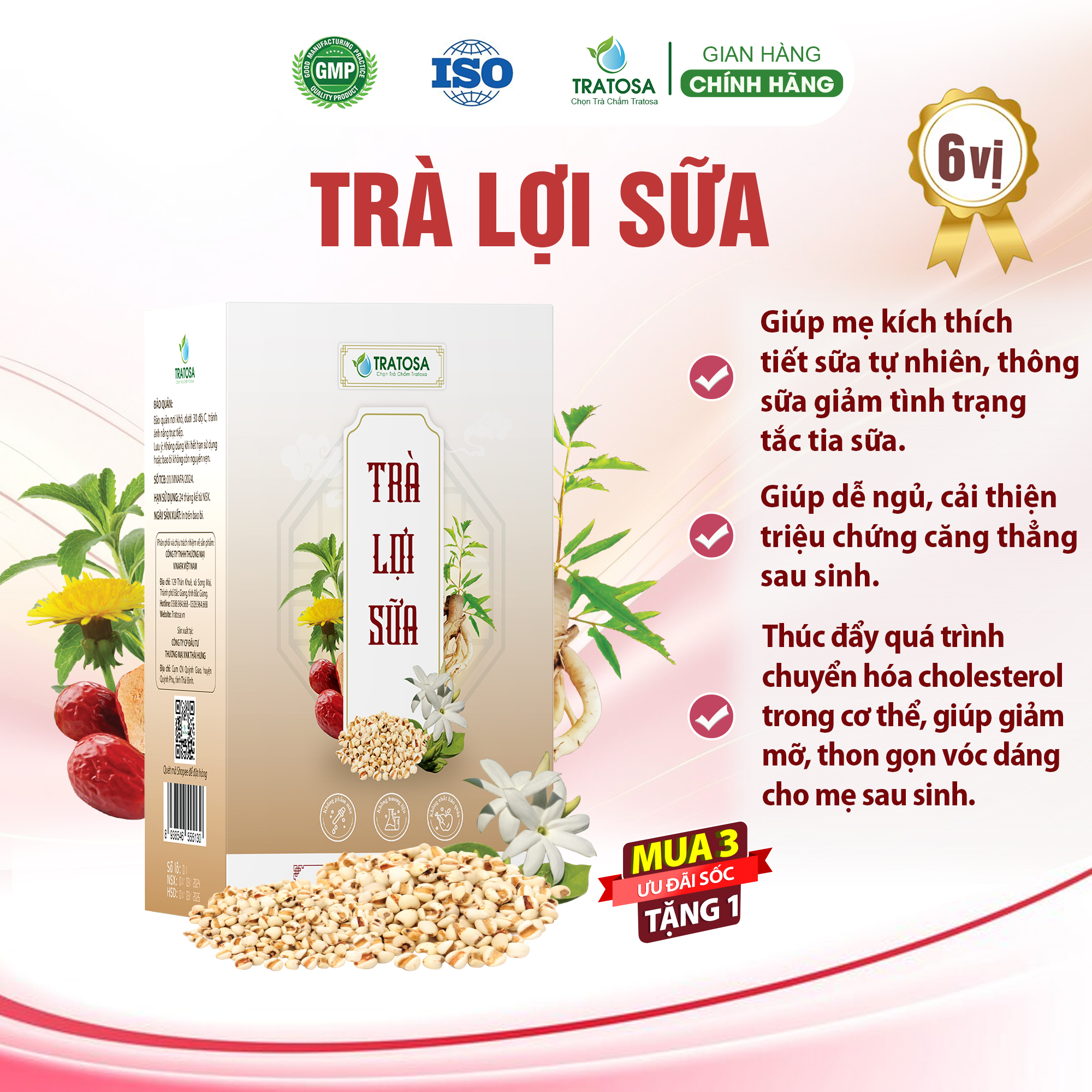 Trà lợi sữa TRATOSA gồm 6 vị Chè vằng, Đinh lăng, Bồ công anh và các thảo dược quý giúp tăng tiết sữa, thông tắc tia sữa