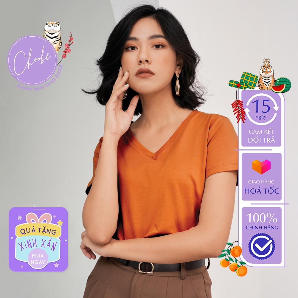 Áo phông nữ Choobe cộc tay cổ tim chữ v thun trơn form rộng co giãn màu đen trắng cam bigsize thời trang basic A18