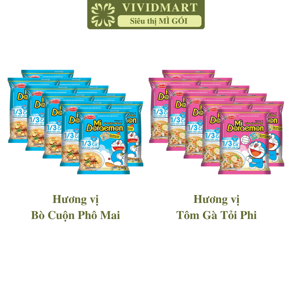 [SET 10 GÓI] - ACECOOK - Mì gói Doraemon 2 vị: Doraemon bò cuộn phô mai và Doraemon tôm gà tỏi phi (62g - 63g/gói) - Mì trẻ em - Mì Doremon bổ sung canxi - Mì Doraemon gói