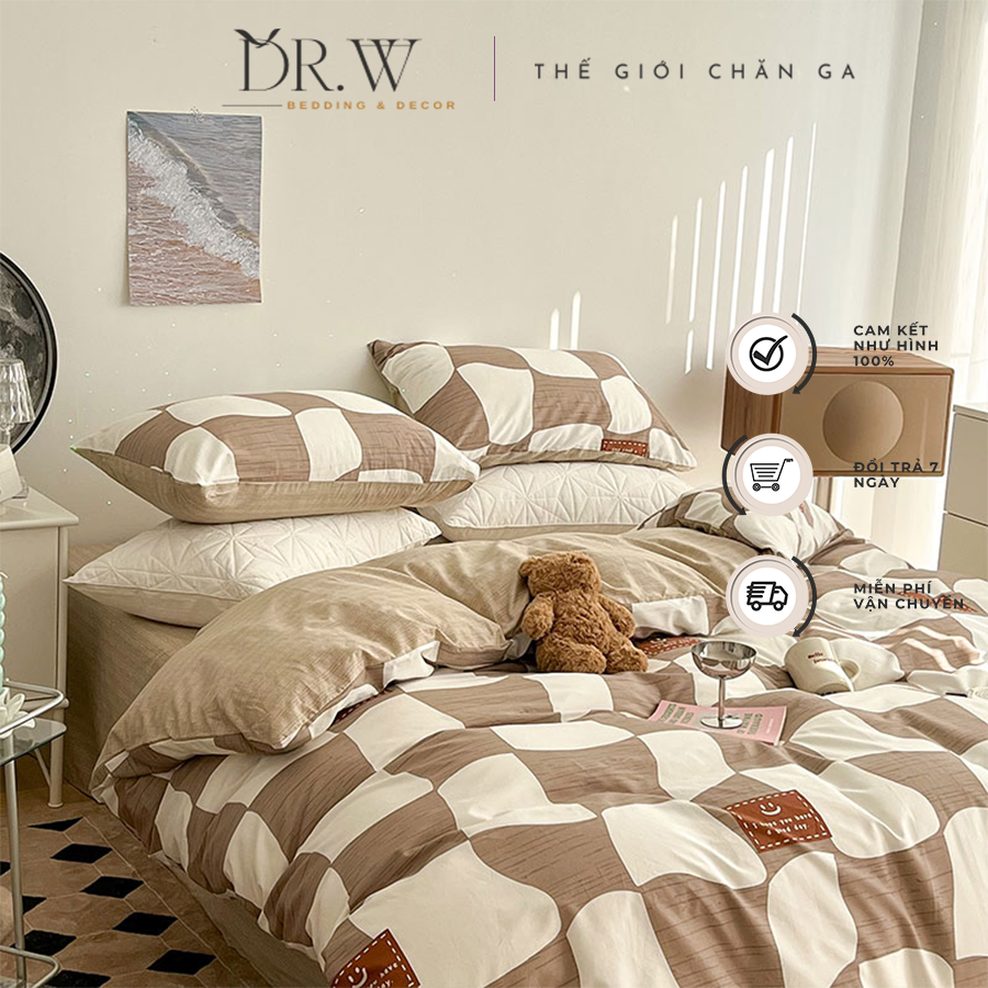 Bộ chăn ga gối nệm đệm set 5 món cotton DR.W cao cấp 1m2 1m4 1m6 1m8 2m bo chun drap giường có thể decor cho phòng ngủ - Thế Giới Chăn Ga