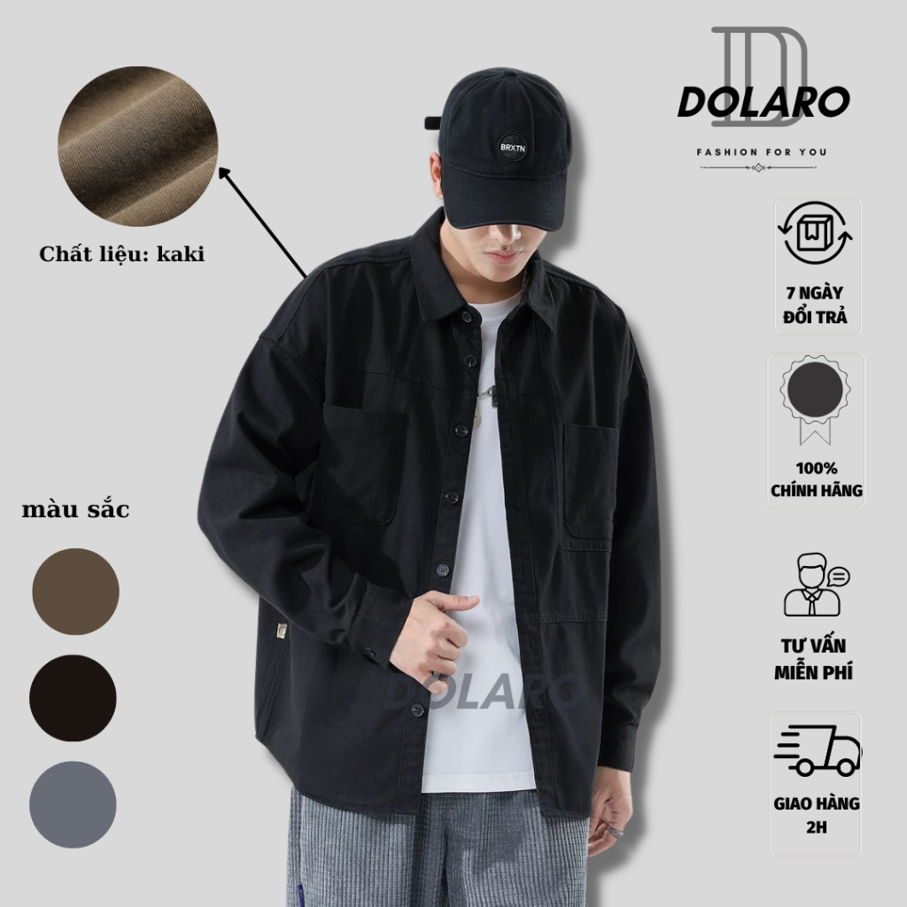 Áo sơ mi dài tay nam kaki dáng rộng DOLARO, Áo khoác denim cao cấp phong cách nhiều màu dễ phối đồ cool ngầu đẹp
