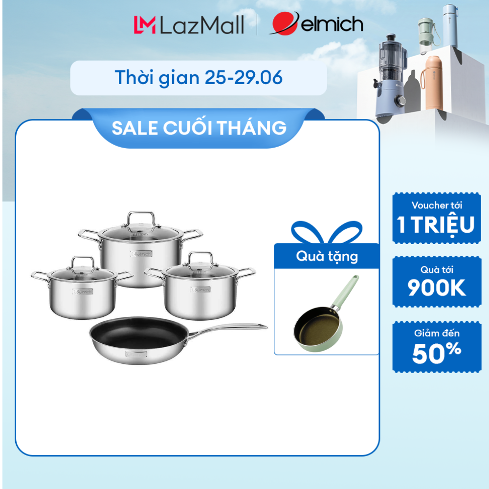 (Chỉ 25-29.06)Bộ nồi Inox dập nguyên khối Elmich Trimax Classic EL-2110OL Size 18, 20, 24, chảo 26cm