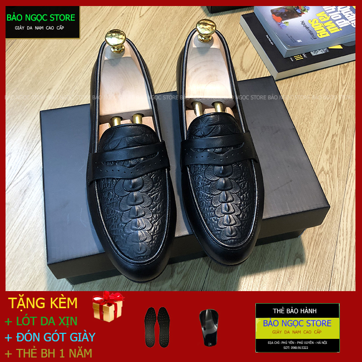 Giày Lười Nam Da Bò Thật Dập Vân Cá Sấu Thời Trang - Băng Cánh Én - Đế Cao Su Đúc Cao 3cm - Mã K8839