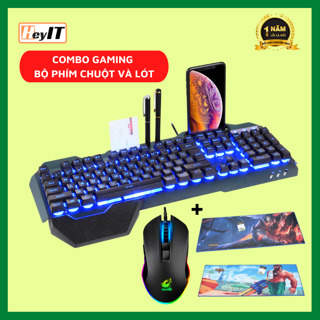 Combo gaming bộ phím chuột và lót chuột lớn size 80x30cm HeyIT bàn phím có 10 chế độ led rgb cực đẹp, chuột có thể tùy chỉnh dpi dễ dàng, K618+V1+LÓT LỚN