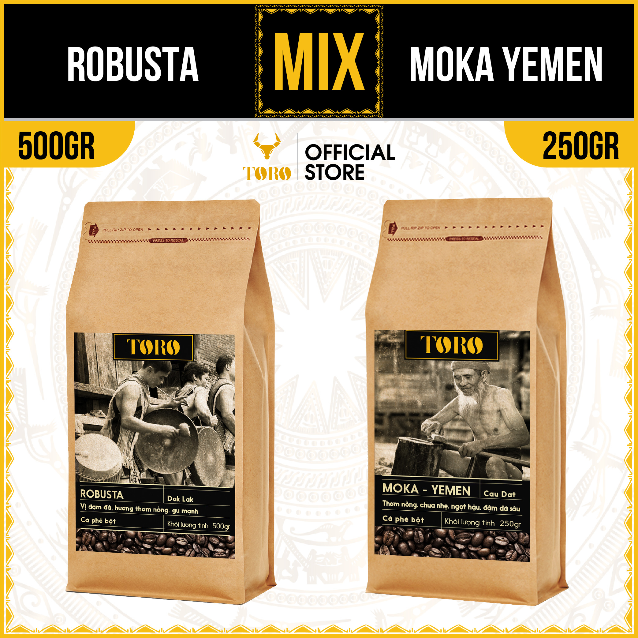 Bộ mix cà phê bột toro moka yemen & toro robusta nguyên chất 100% | 250gr & 500gr/gói | toro farm