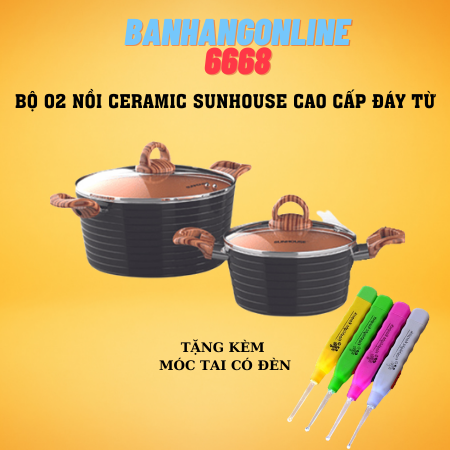 Bộ 02 nồi 18,20cm nồi ceramic đáy từ sunhouse shg2003mca + tặng móc tai có đèn