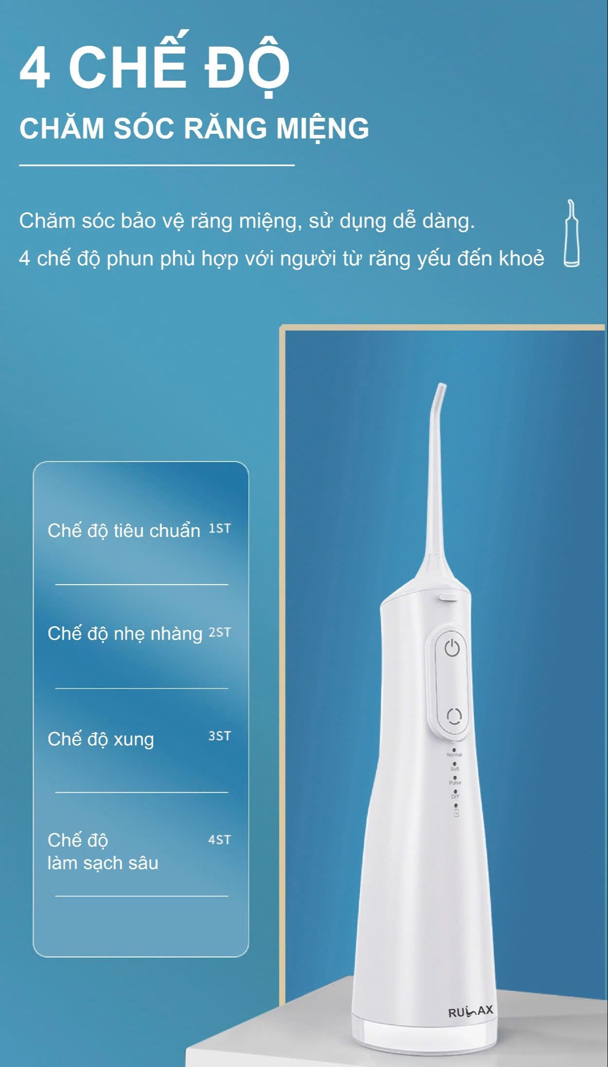Máy Tăm Nước, Tăm Nước Cầm Tay Rulax RL-16 Phiên Bản Cao Cấp 2022- Tặng 6 Đầu Tăm + Túi Đựng BH 12 tháng Lỗi 1 Đổi 1