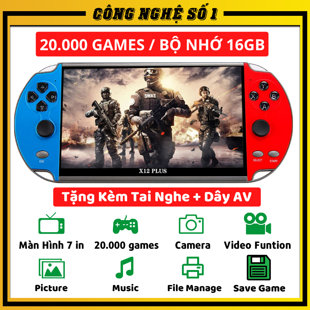 Máy chơi game cầm tay X12 PLUS có sẵn 20000 game , màn hình 7 inch , hỗ trợ nghe nhạc , xem phim, tải thêm game, hỗ trợ thẻ nhớ - Máy chơi game 4 nút, Máy chơi game ps1, máy chơi điện tử