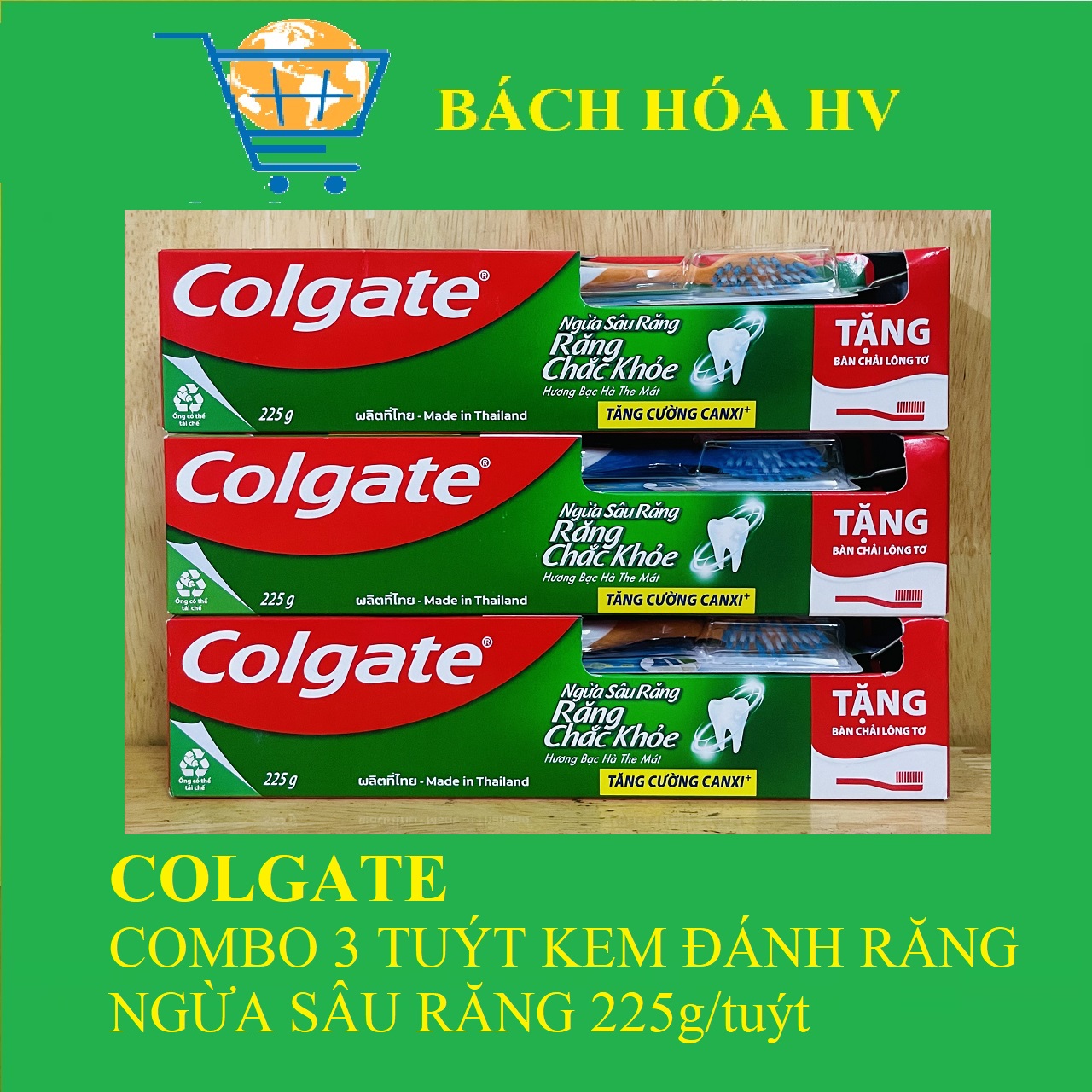 Combo 3 cây kđr colgate ngừa sâu răng 225g tặng bàn chải đánh răng - bach hoa hv