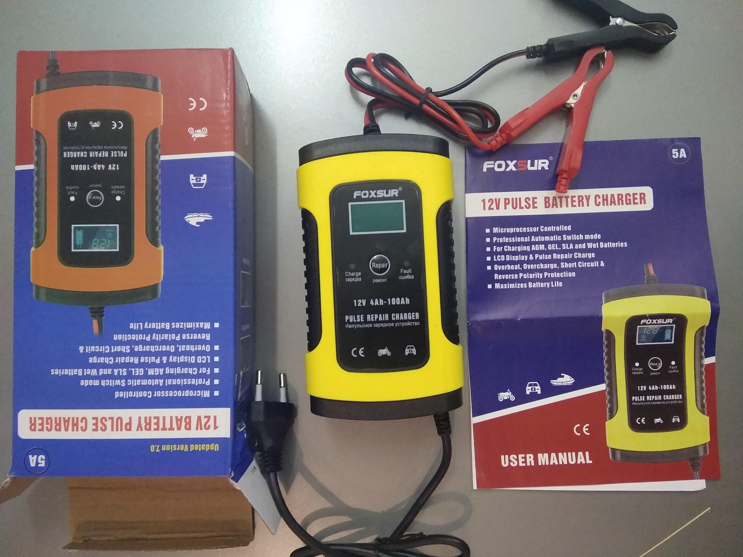 Sạc bình ac quy 12v FOXSUR từ 4Ah-100Ah có chức năng phục hồi acquy bằng khử sunfat, thông minh tự ngắt khi đầy, chống ngược cực - Sạc acquy xe máy , acquy ô tô