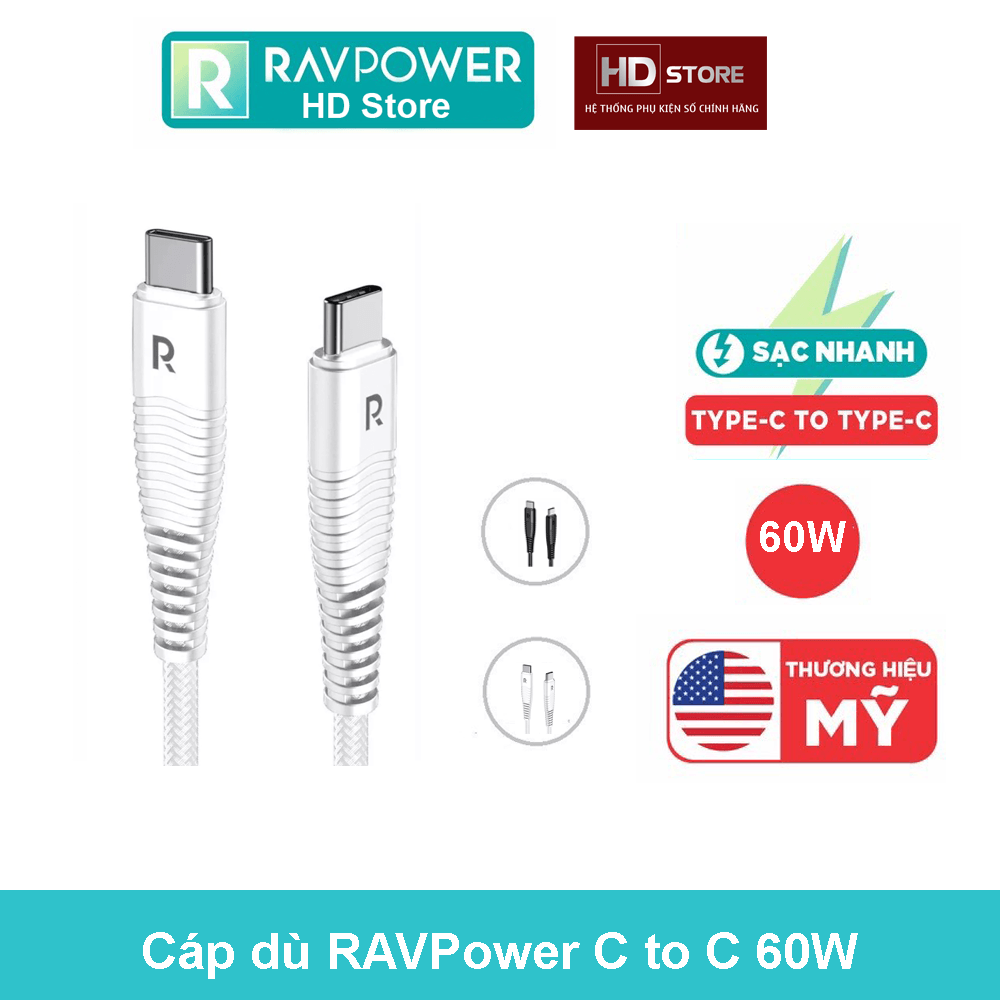 Cáp sạc nhanh 60w ravpower type c to c sạc nhanh pd mac laptop bọc dù rp-cb047 hdstore
