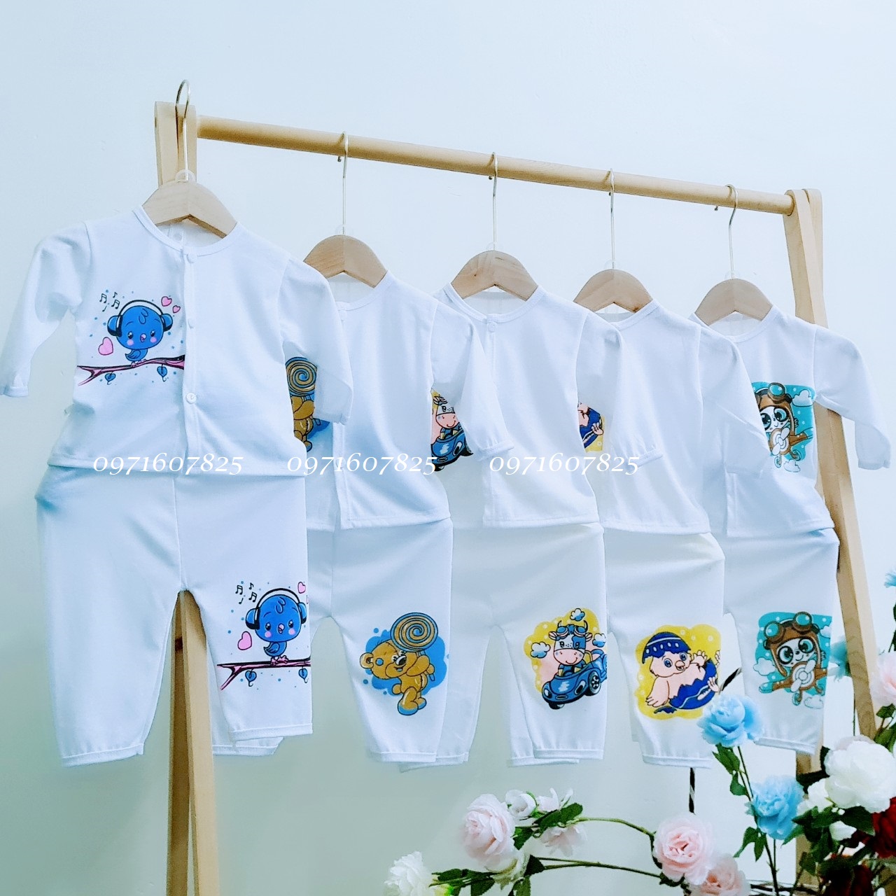 Combo 5 bộ quần áo dài tay cotton họa tiết gà trắng, động vật cho bé 3-14kg