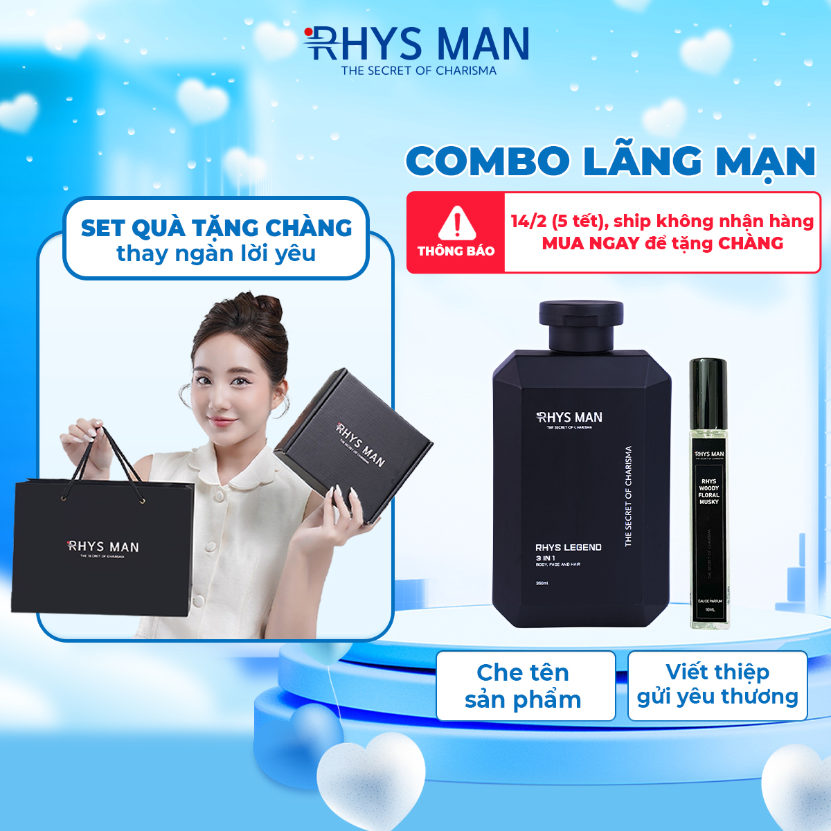 Combo sữa tắm gội nam 3 in 1 hương nước hoa 350ml & nước hoa nam rhys man 50ml