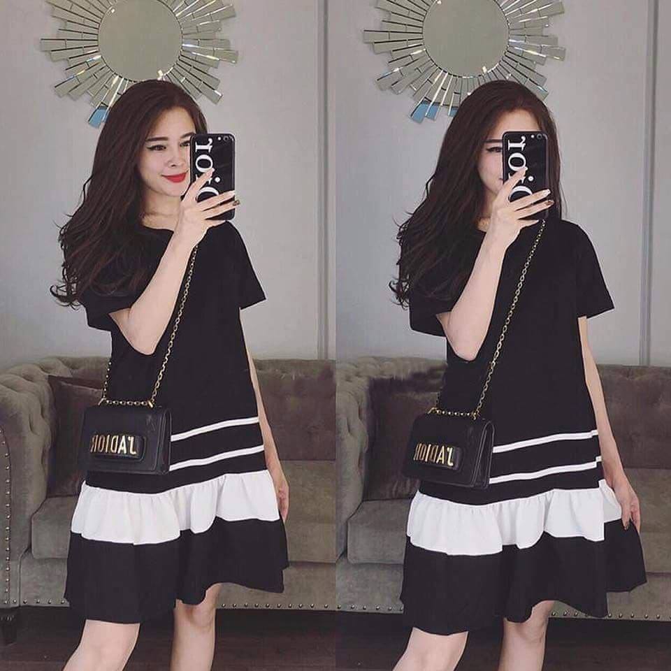 Váy bầu công sở V37 FREESHIP đầm bầu thiết kế đen viền trắng hàng thiết kế full size S/M/L cho mẹ bầu