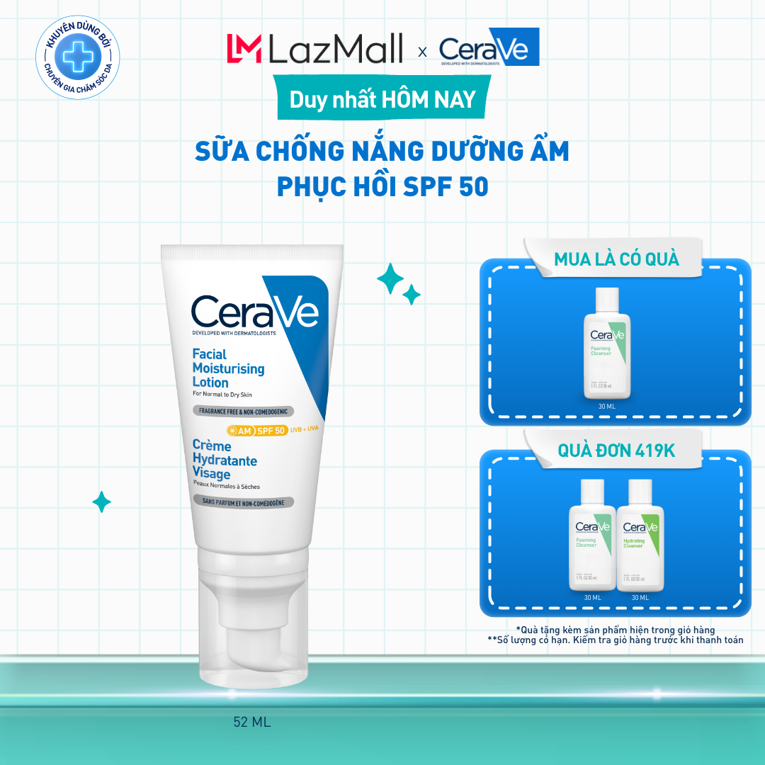 Sữa chống nắng dưỡng ẩm phục hồi SPF50 CeraVe Facial Moisturising Lotion AM 52ml