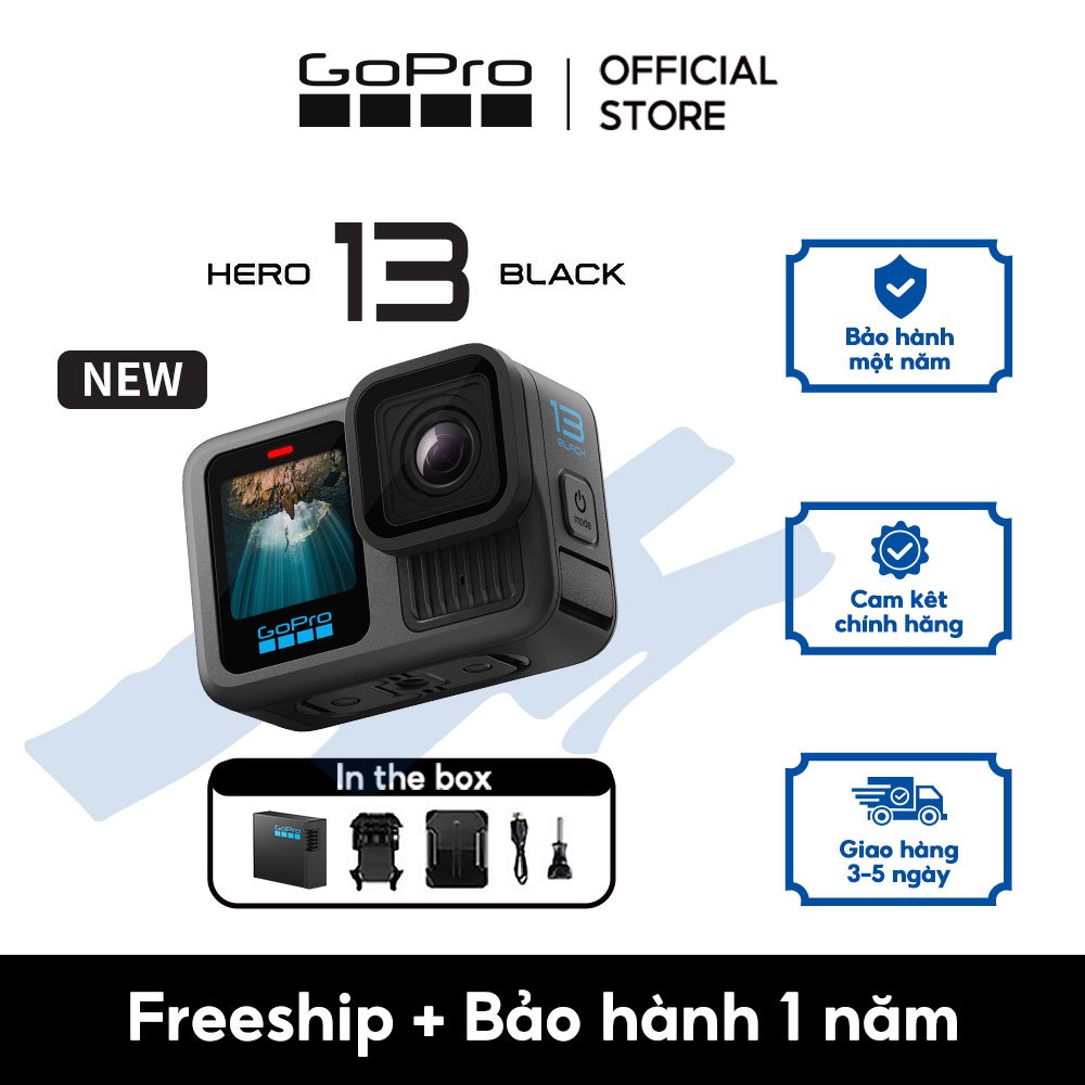   BẢO HÀNH 1 NĂM  GoPro Hero13 Black Camera hành động chống nước ảnh 27MP video 5.3K 60 4K 120 HyperSmooth 6.0 HLG-HDR chống nước 33ft  10m  chụp liên tiếp slo-mo GPS không bao gồm Lenses HB-Series. 