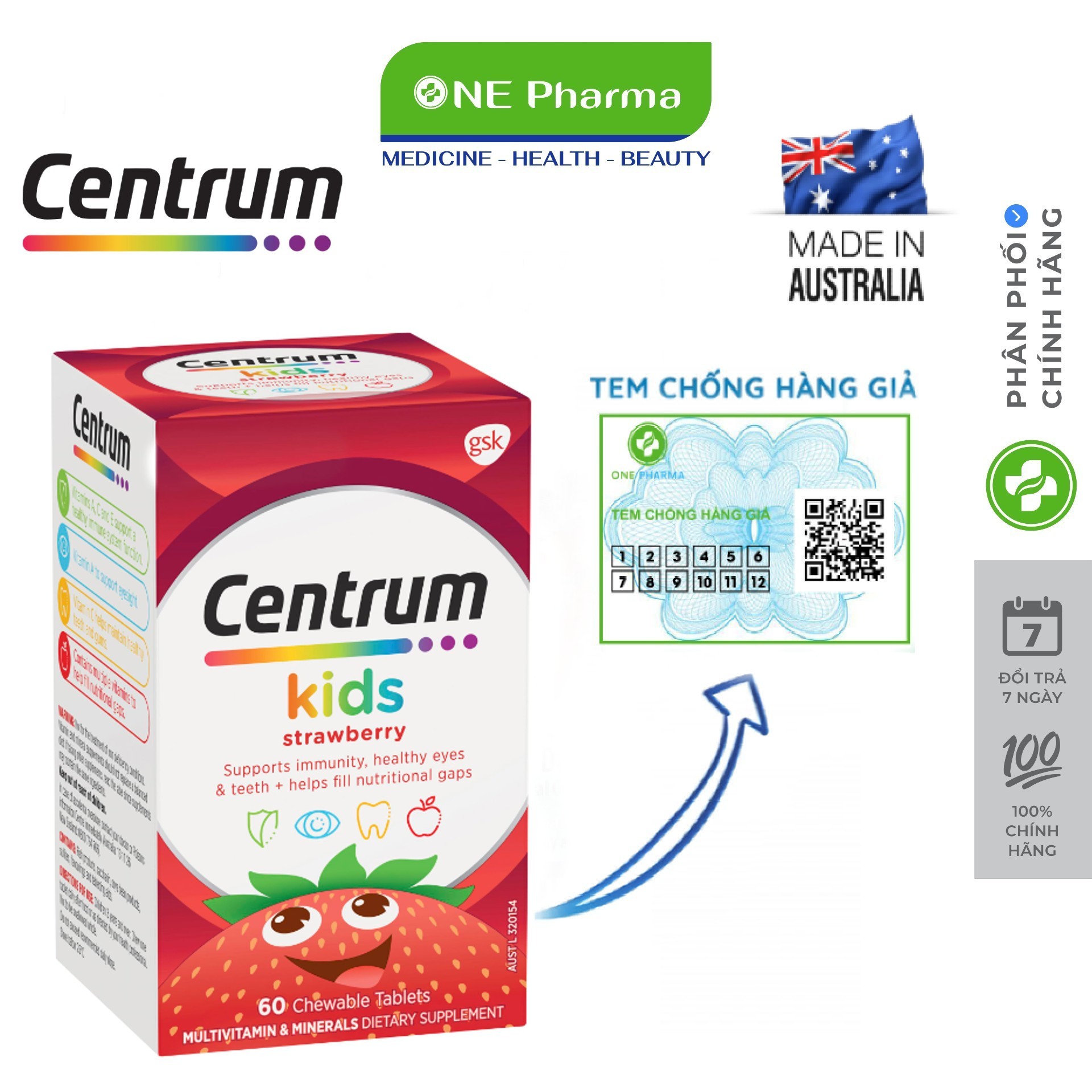 Vitamin Tổng Hợp Cho Trẻ Em Centrum Kids Strawberry, 60 viên