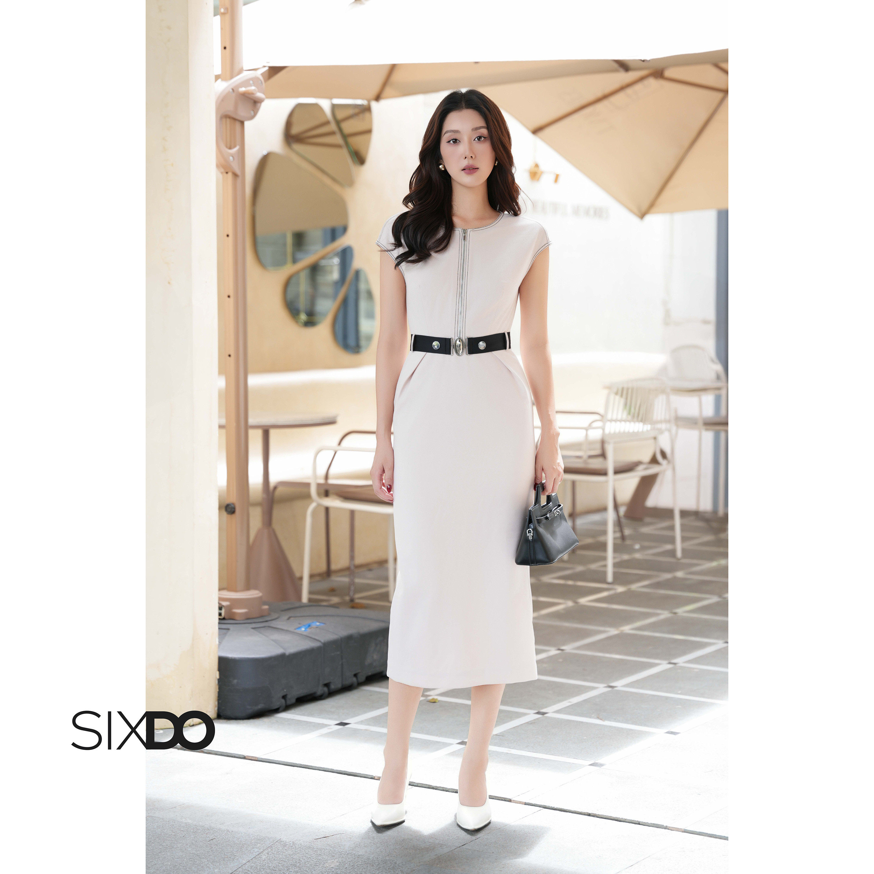  Đầm bút chì be tay hến phối đai eo SIXDO  Beige Woven Pencil Dress  
