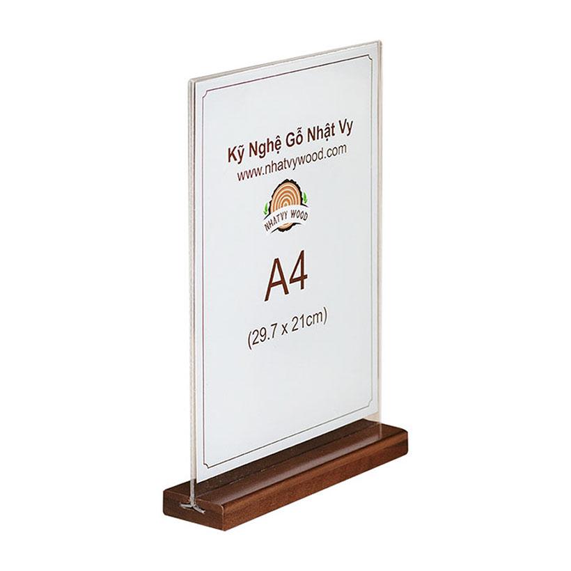 Menu mica A4 để bàn đế gỗ sang trọng cao cấp, standee để bàn đẹp dành cho quán cafe, quán bar, nhà hàng, kệ menu mica đẹp Nhatvywood NV4102
