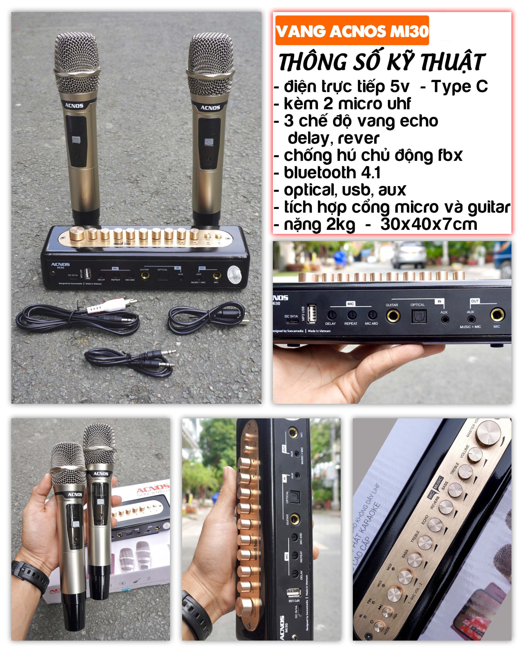 Vang số chỉnh cơ acnos mi30 kèm 2 mic không dây cao cấp chống hú tốt, đầy đủ echo, rever, delay cho tiếng hát cực hay, tích hợp cổng micro và guitar