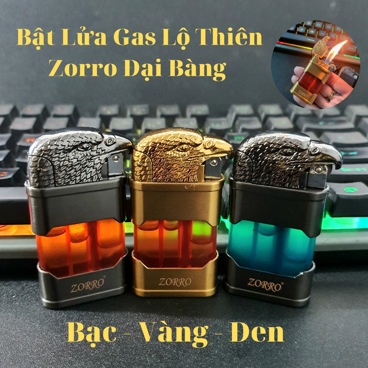 Bật lửa gas lộ thiên zorro đầu chim đại bàng - hộp quẹt gas khò độc lạ