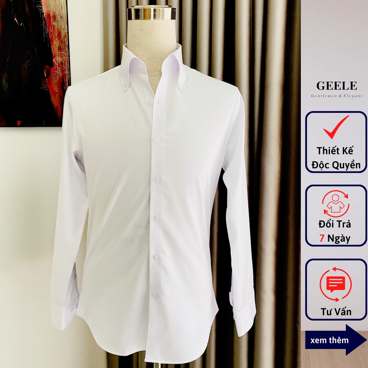 Áo sơ mi trắng nam dài tay geele cổ botton down form regular fit sm07