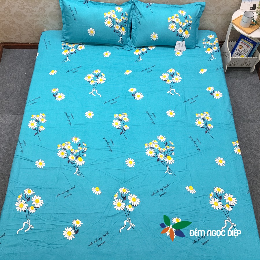 Set ga gối 3 món poly cotton mẫu Hoa Cúc Xanh