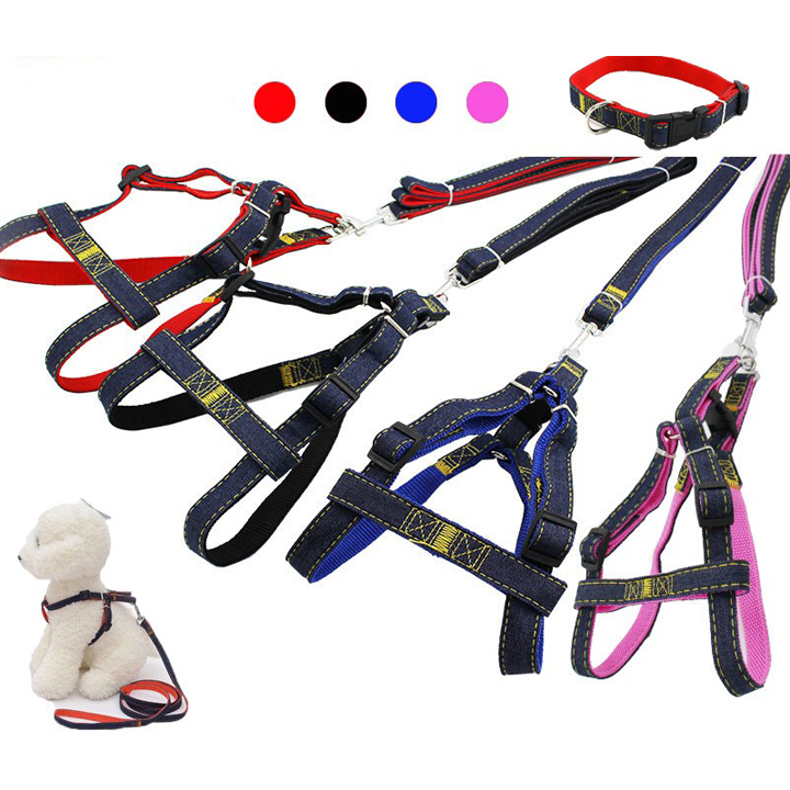 Dây dắt kèm đai yếm bò cho chó mèo/ dây nịt ngực/ dây kéo dắt chất liệu vải jean 2 lớp dày dặn hàng cao cấp, chắc chắn, chống xoắn