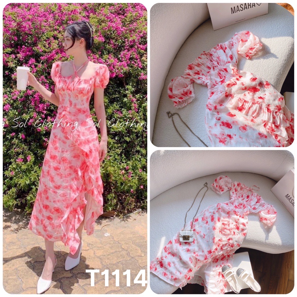 Đầm voan hoa bèo nhún ngực 2 lớp xẻ đùi có mút ngực maxxi màu y hình T1114