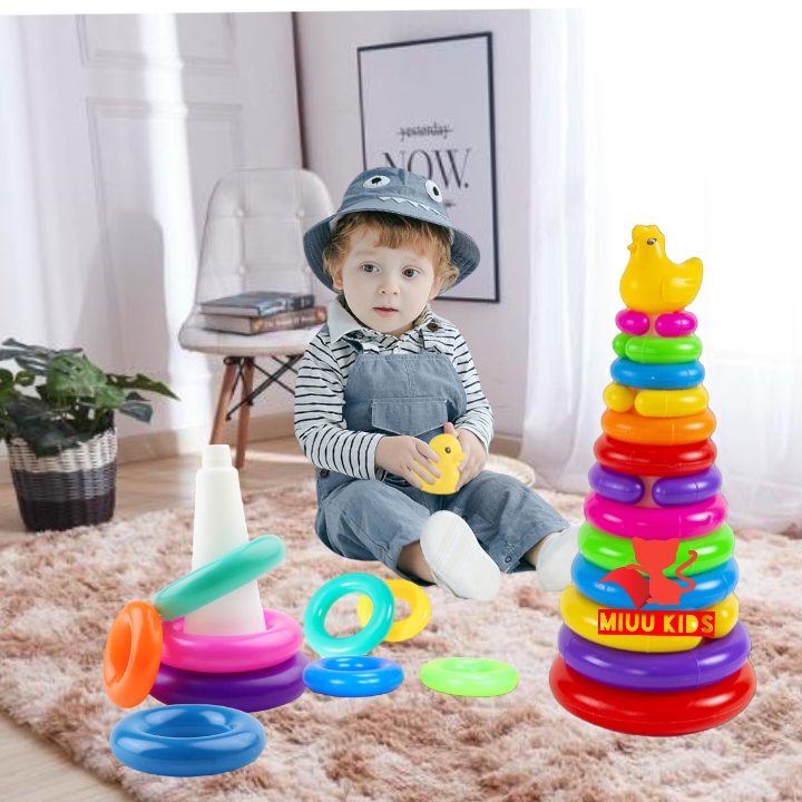 Đồ chơi tháp xếp chồng vòng tròn nhiều hình, bộ xếp hình tháp tròn, đồ chơi phát triển trí não cho bé