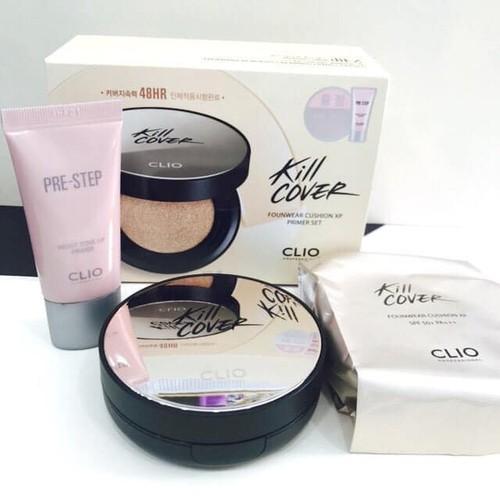 Set phấn nước clio kill cover tặng kèm 1 lõi thay thế + 1 kem lót founwear cushion xp primer set