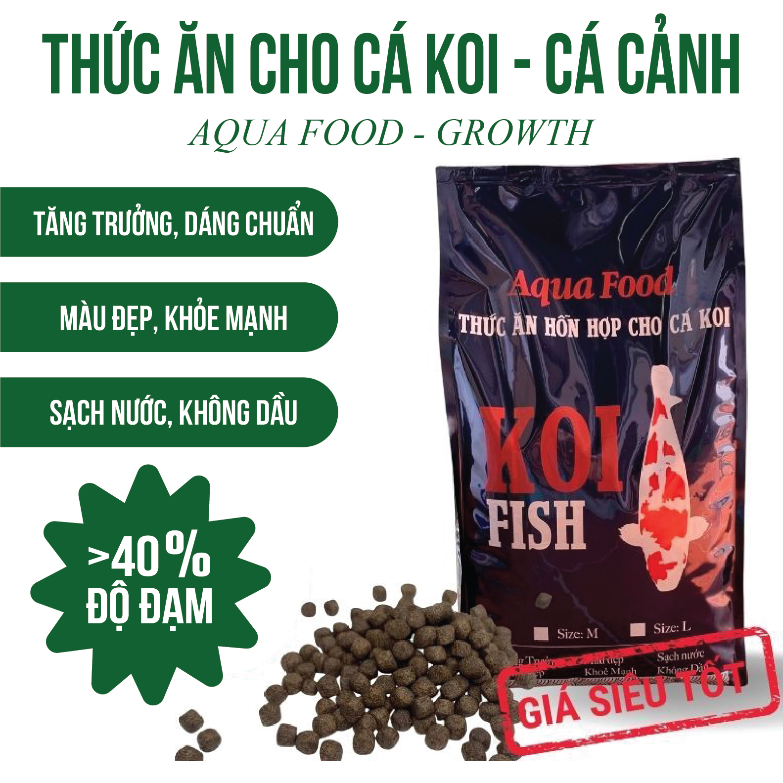 Cám cá Koi 40% đạm Aqua Food tăng trưởng, tăng màu, sạch nước dùng cho cá Koi và cá cảnh
