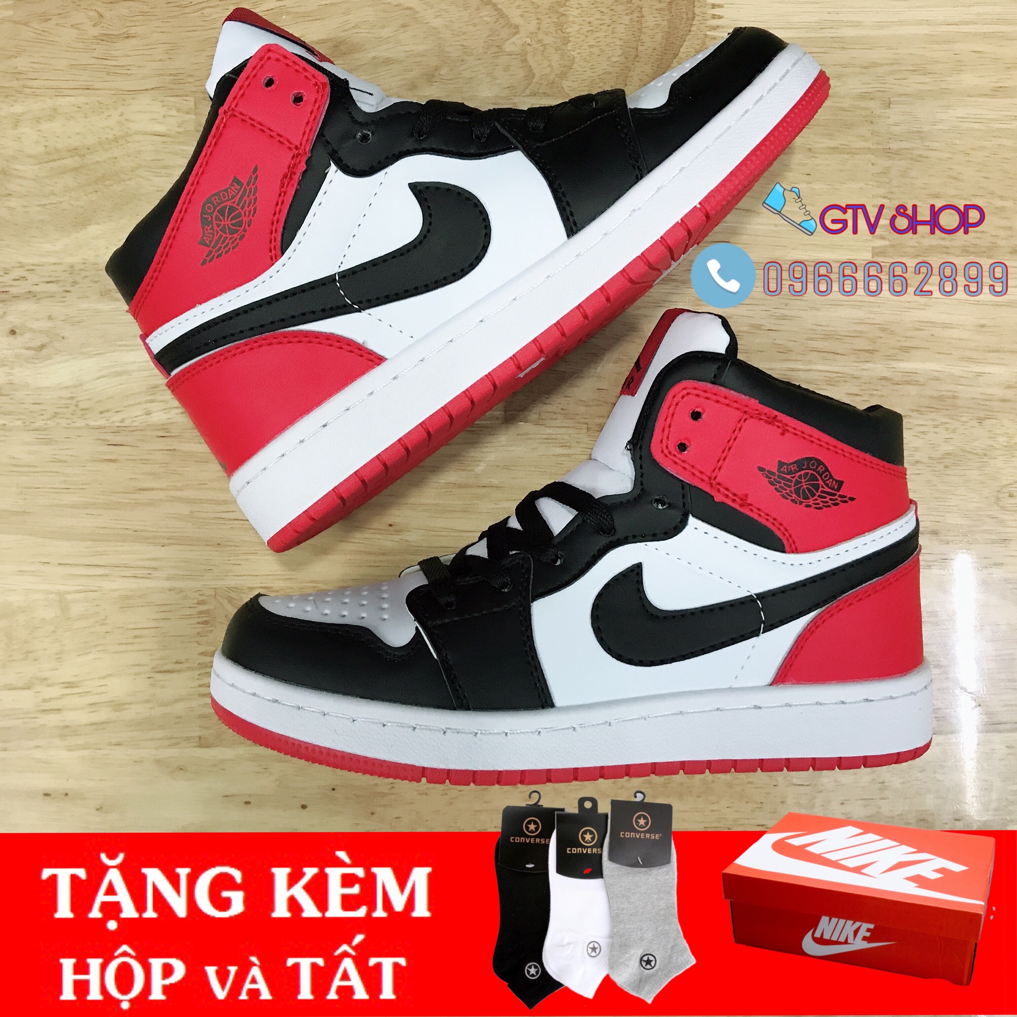 Full box - Full Bill, Tặng tất - Giày thể thao nam nữ jordan đỏ cổ cao.