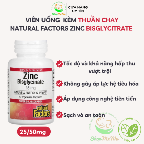 Viên Kẽm Bisglycinate Natural Factors 25mg 50mg Zinc Citrate thuần chay 60