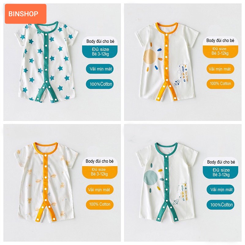 Body cho bé hàng cộc tay chất Cotton mẫu quần áo sơ sinh, Body đùi cho bé trai bé gái nhiều màu sắc dễ thương 3-12kg