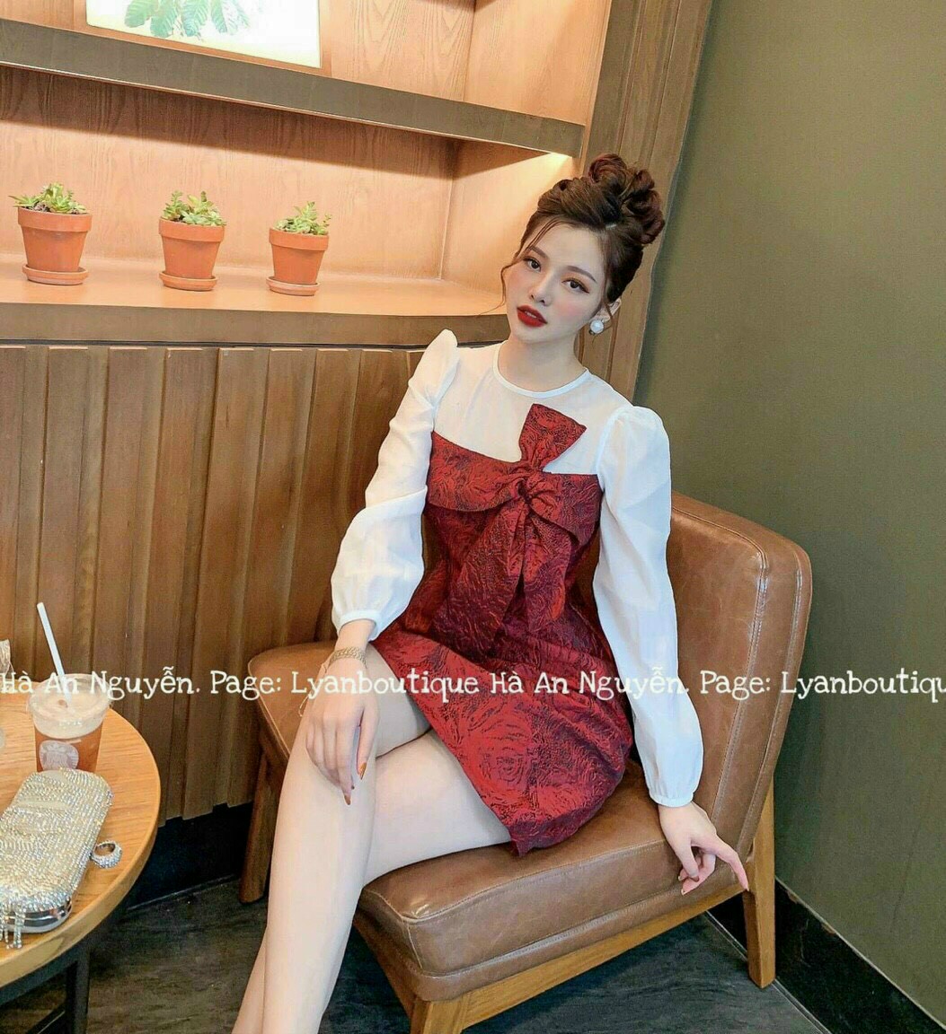 Đầm xòe tay dài thắt nơ-QH#damnu